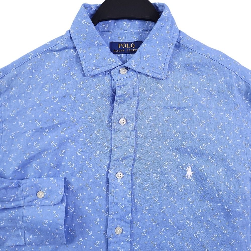 Polo Ralph Lauren Linen Shirt Men M Blue Nautical Anchor Print AOP